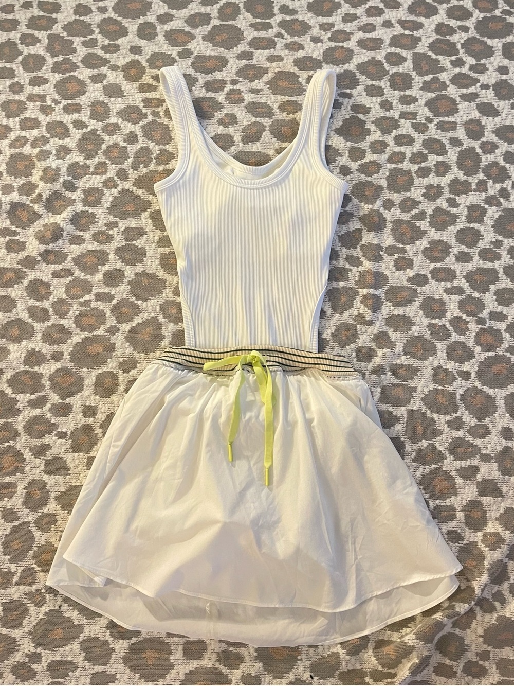 Aerie White Ribbed Tank Cut Out Tennis Dresd with Neon Drawstring